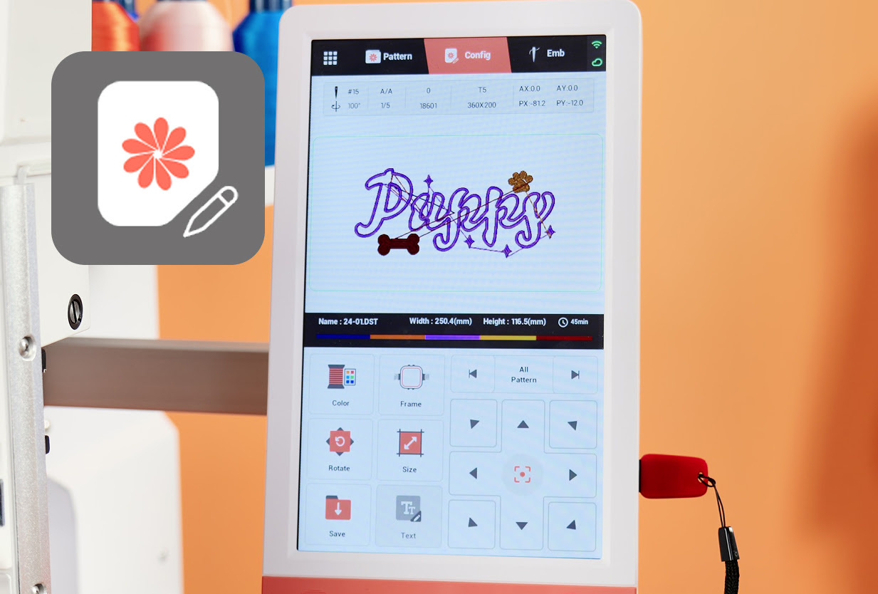 Close-up of the touch screen of the PooLin EOM with the pattern edit screen open.