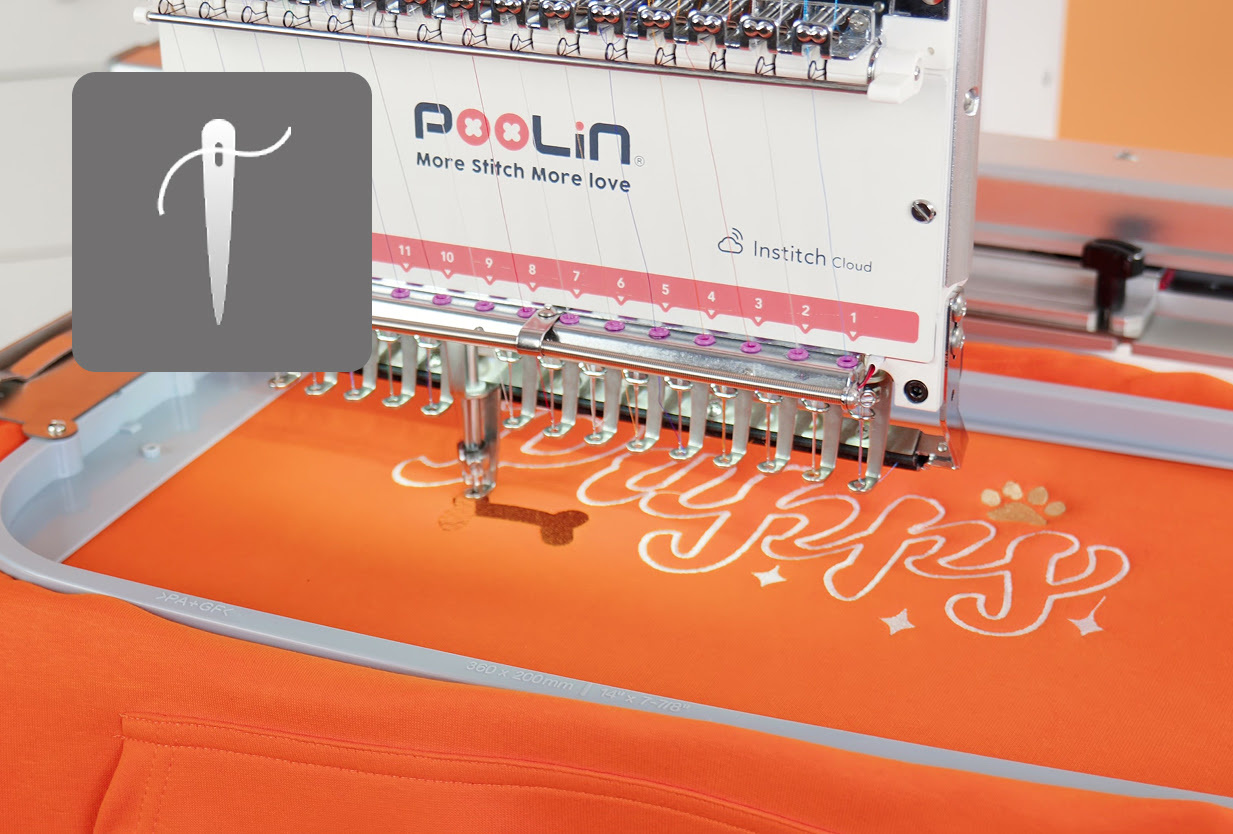 PooLin EOV embroidering the text Puppy on an orange sweater.