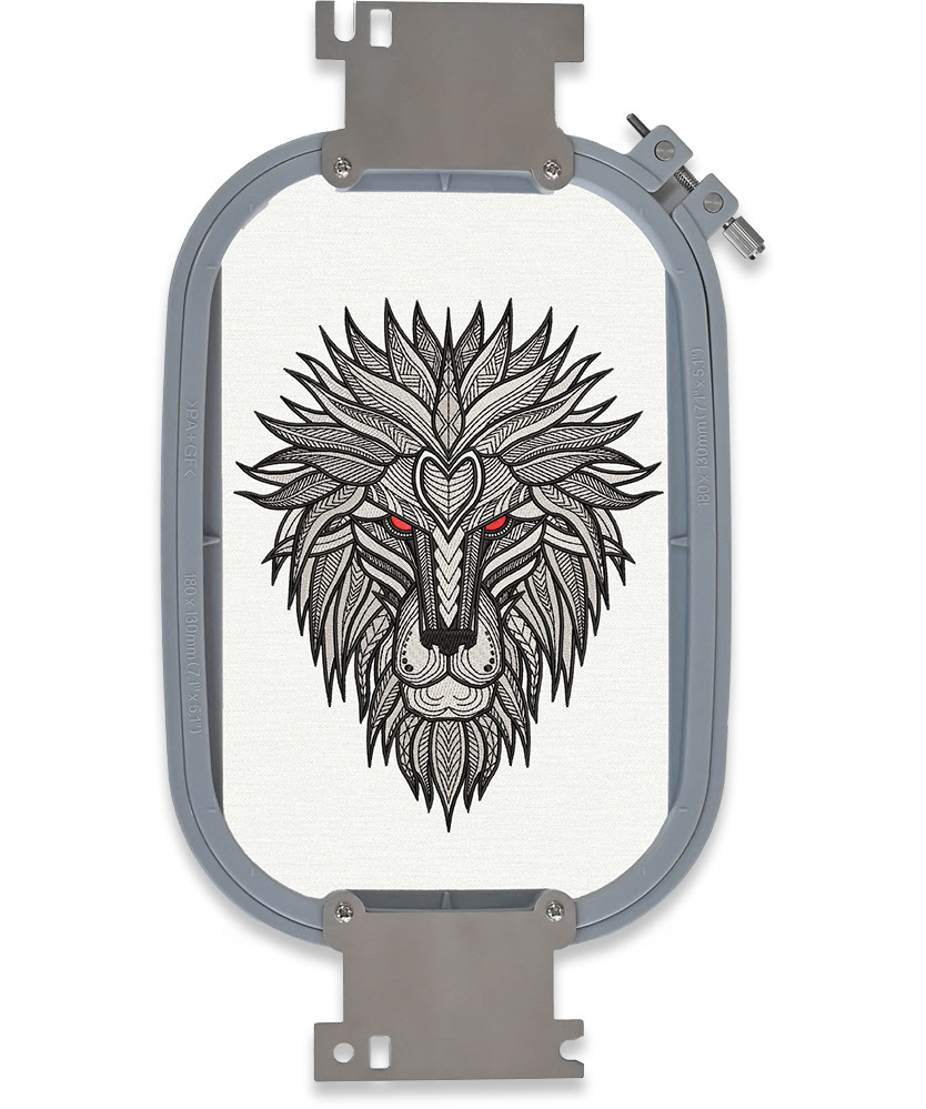 18 x 13 cm ebroidery hoop with an embroidered design of the head of a lion.
