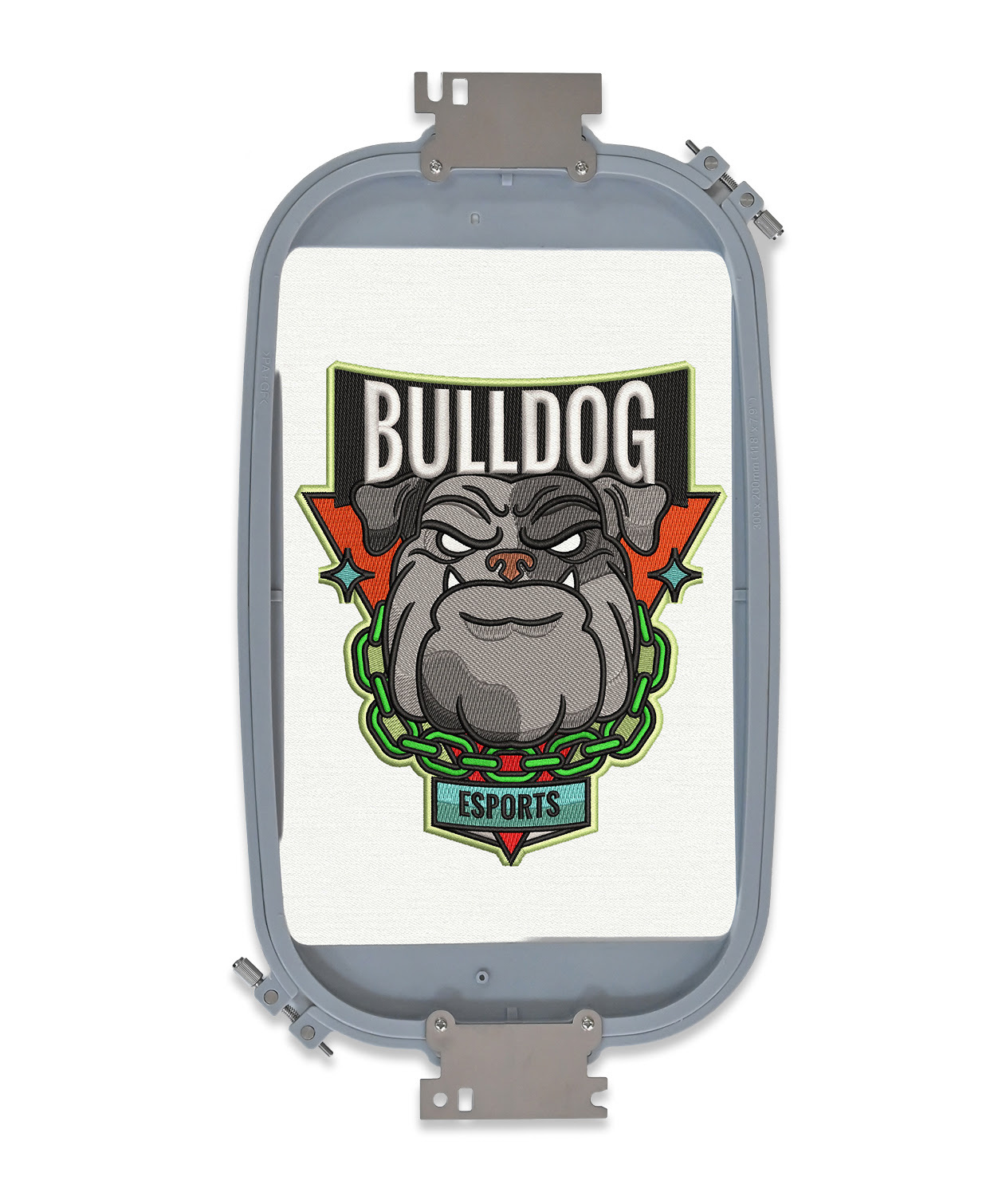31 x 20 cm embroidery hoop with an embroidered design of a bulldog and the text: Bulldog and esports.