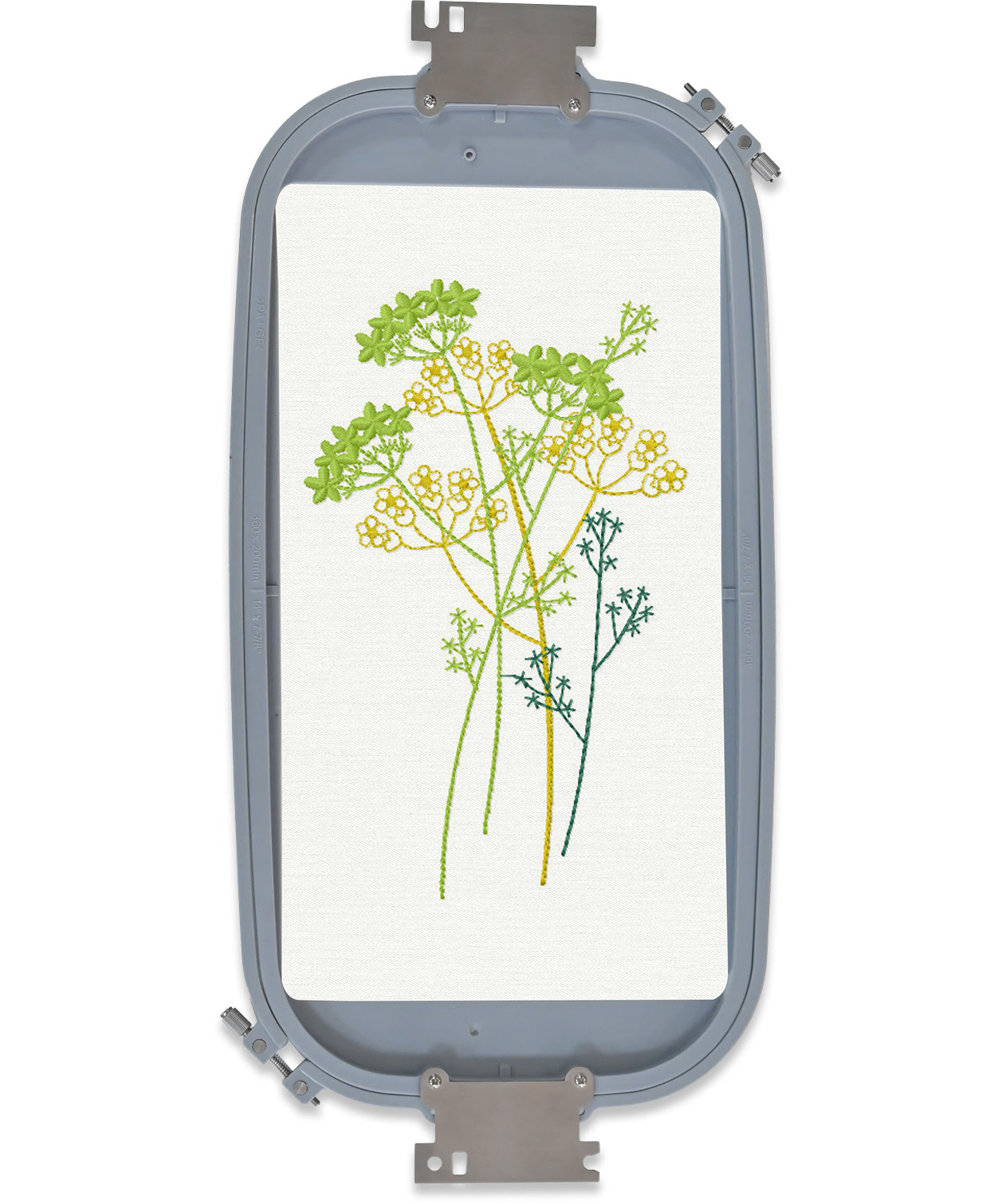 36 x 20 cm embroidery hoop with an embroidered design of delicate umbellifer flowers.
