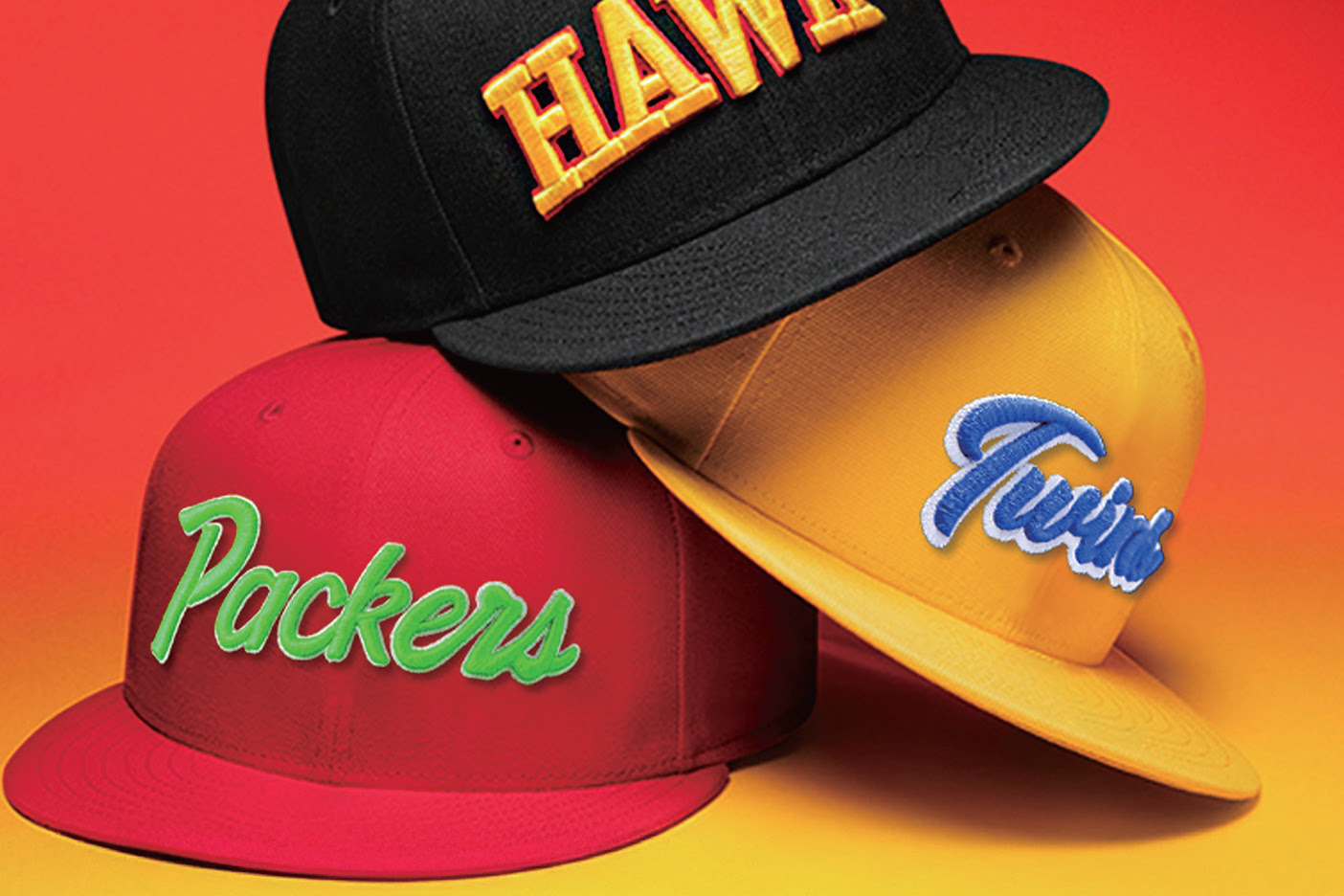 Three stacked caps against a red to yellow background. All three have embroidered letters with a 3D effect using 3D puff foam