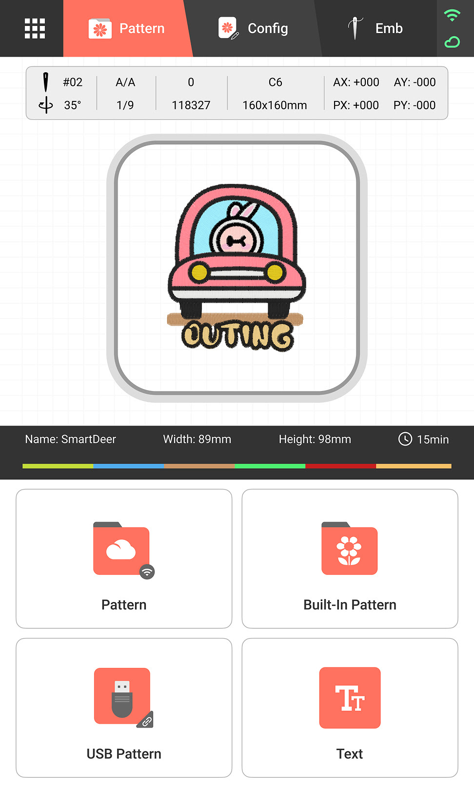 Example of a screen on the PooLin EOV: a preview of a car with 'outing' under it is shown in pattern mode.