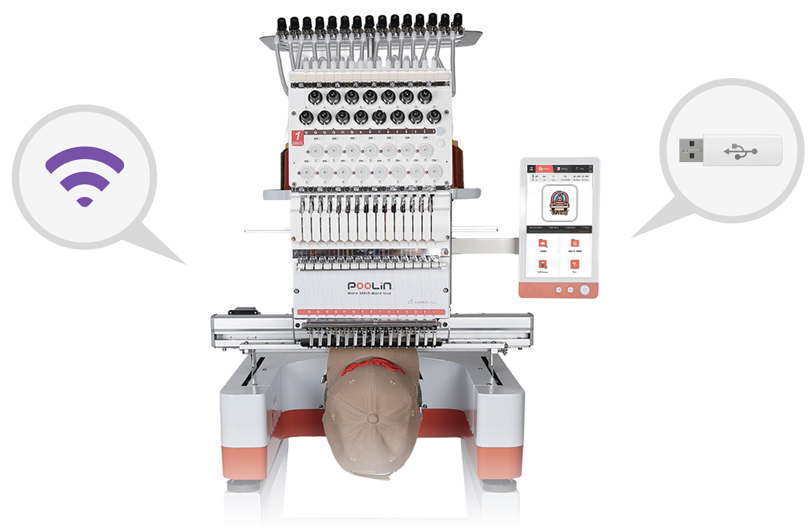 Frontal view of a PooLin EOM embroidery machine. On the left there a bubble as an icon for wireless connectivity and on the right a bubble holding a USB thumbdrive.