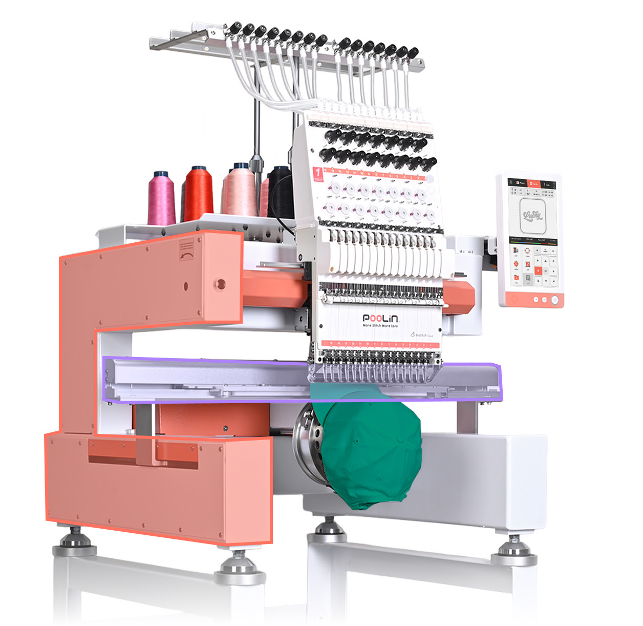 PooLin EOV seen at an angle. The reinforced heavy-duty frame has been highlighted. A green cap is installed in the embroidery machine.