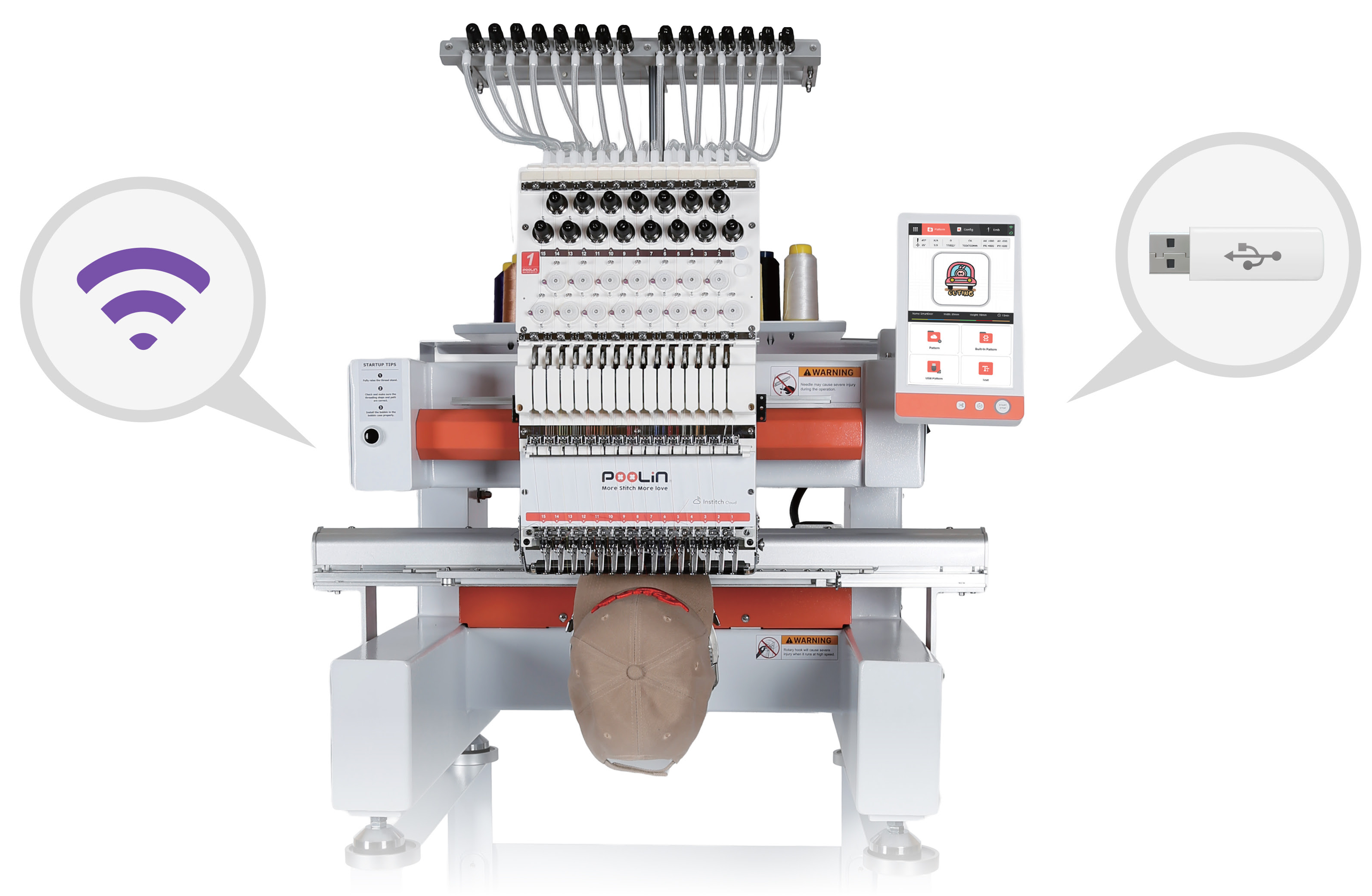 Frontal view of a PooLin EOV embroidery machine. On the left there a bubble as an icon for wireless connectivity and on the right a bubble holding a USB thumbdrive.