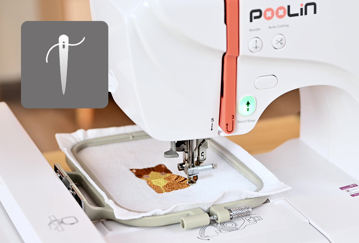 A PooLin EOC05 embroidery machine on a table with a hoop attached. The screen is on.