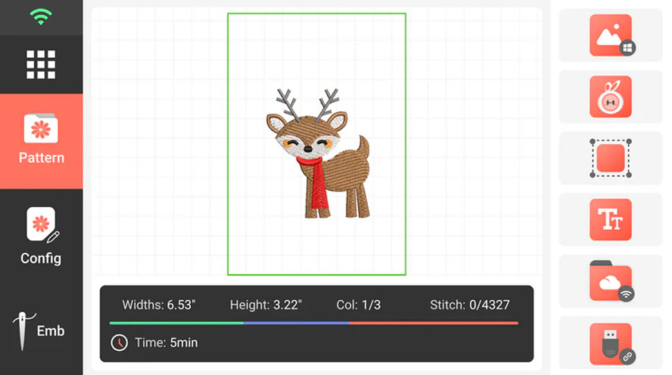Example of a screen on the PooLin EOC03: a preview of a reindeer design is shown in pattern design mode.