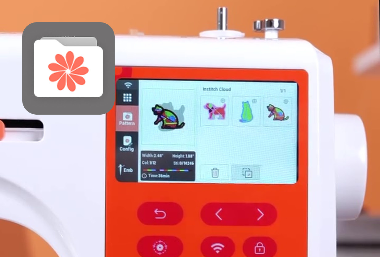 Close-up of the touch screen of the PooLin EOC03. It shows the design libary and the design of a cat has been selected.