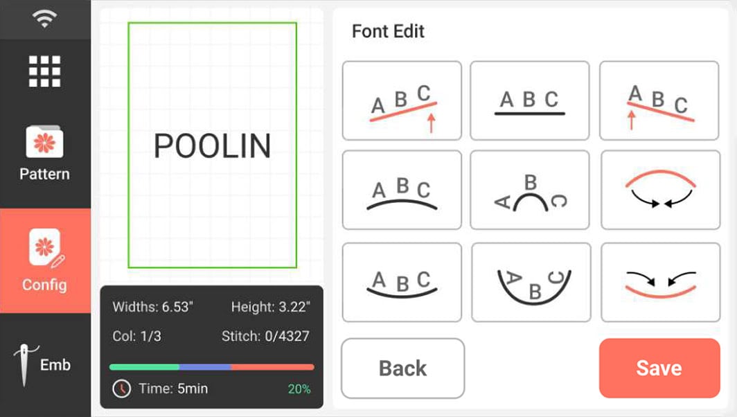 Example of a screen on the PooLin EOC03: a preview of the text POOLIN in pattern configuration mode. There are several options to change the angle of the text.