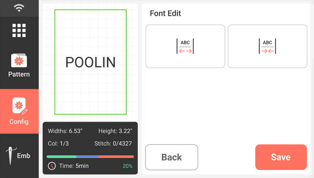 Example of a screen on the PooLin EOC03: a preview of the text POOLIN in pattern configuration mode. There are several options to change the spacing of the text.