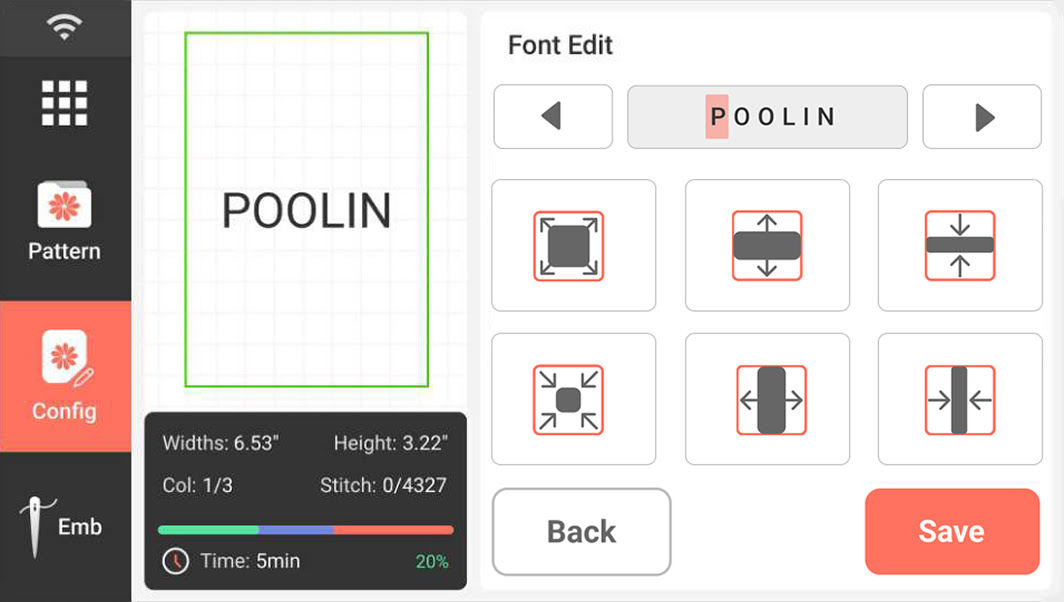 Example of a screen on the PooLin EOC03: a preview of the text POOLIN in pattern configuration mode. There are several options to change the size and style of the text.