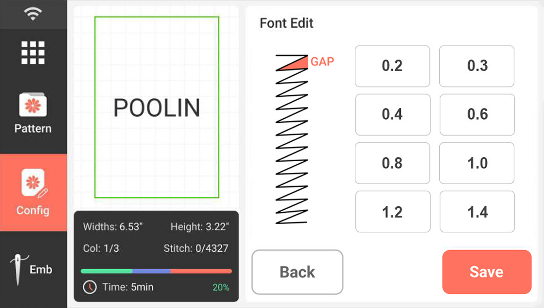 Example of a screen on the PooLin EOC03: a preview of the text POOLIN in pattern configuration mode. There are several options to change the stitch density of the text.
