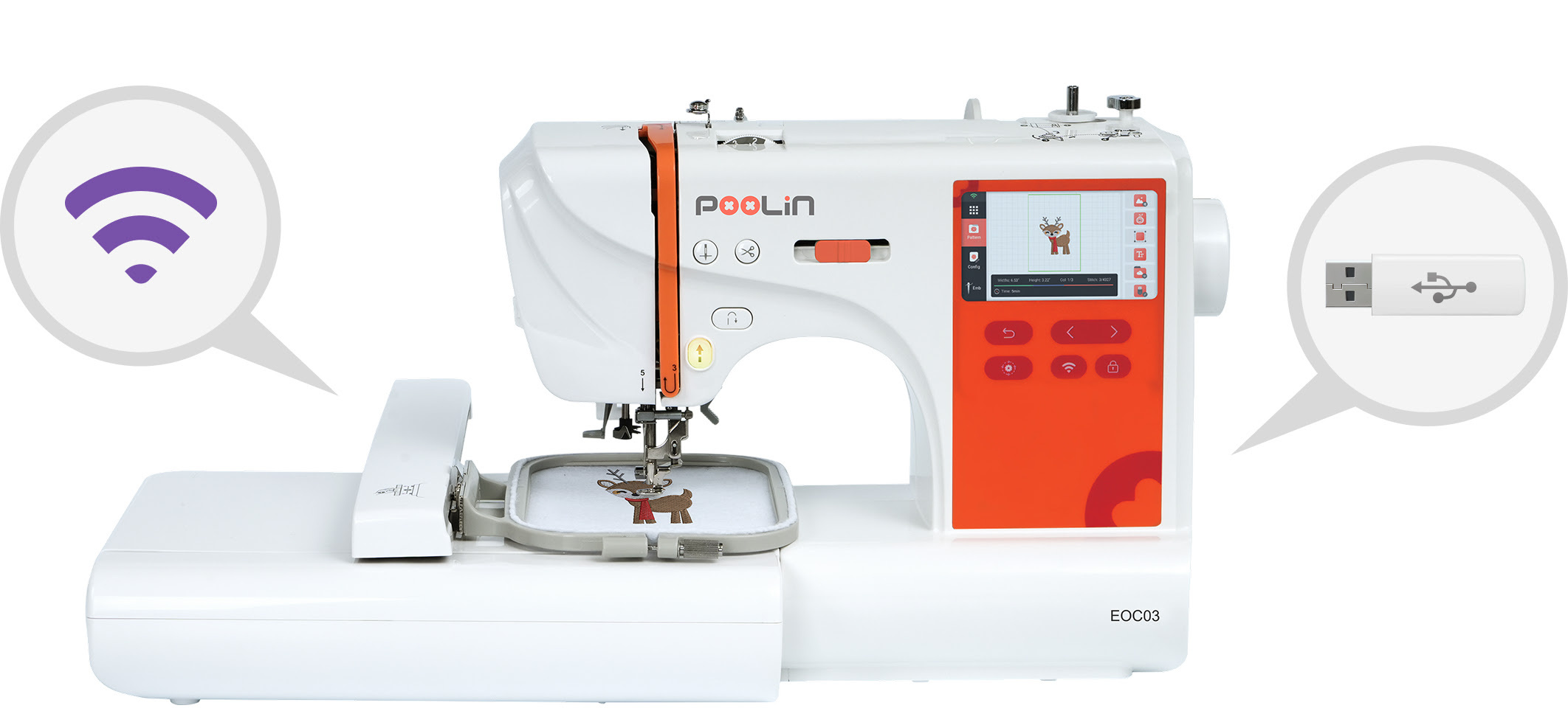 Frontal view of a PooLin EOC03 embroidery machine. On the left there a bubble as an icon for wireless connectivity and on the right a bubble holding a USB thumbdrive.