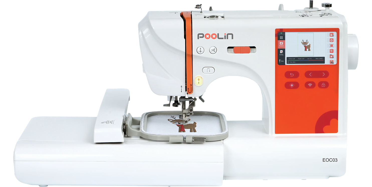 Frontal view of the PooLin EOC03 embroidery machine.