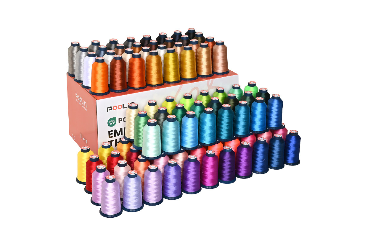 Box of embroidery thread with the different colours neatly placed in front.
