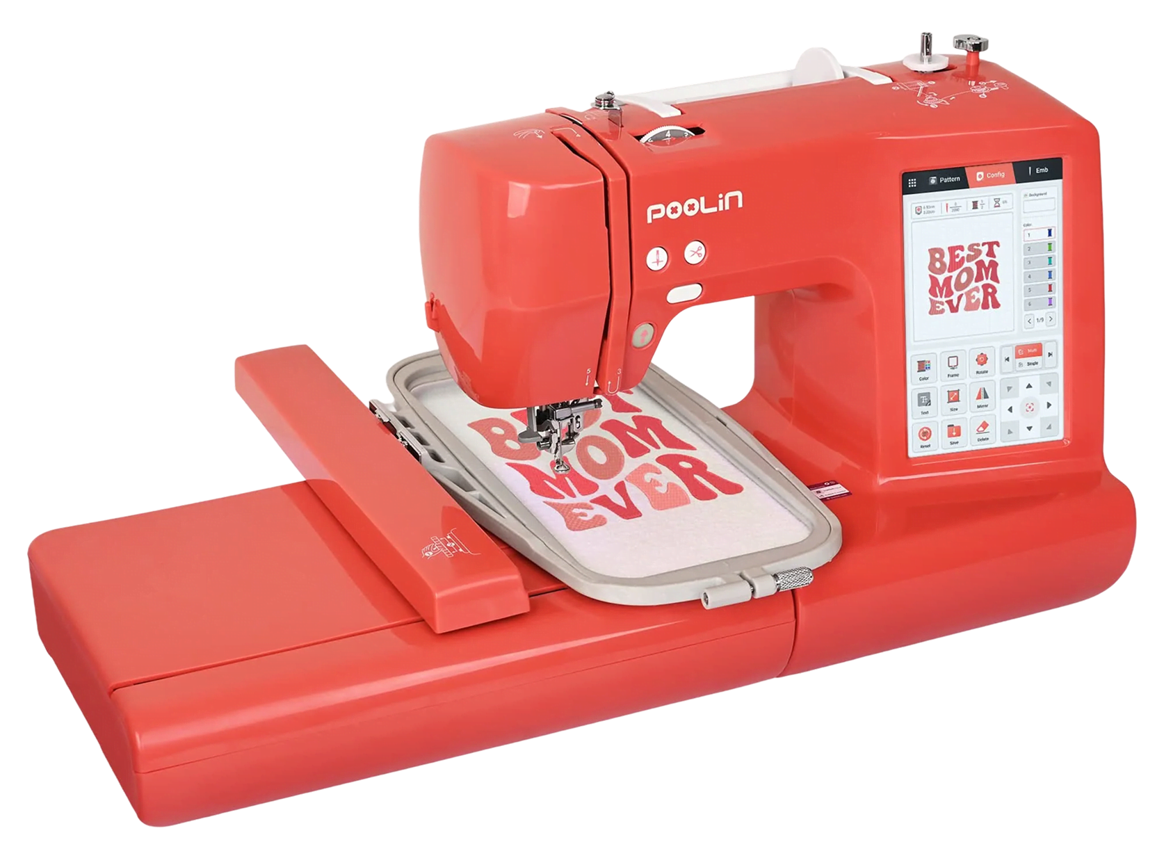 PooLin EOC 05 limited edition embroidery machine in red with an embroidery hoop attached containing an embroidered design of the text Best mom ever.