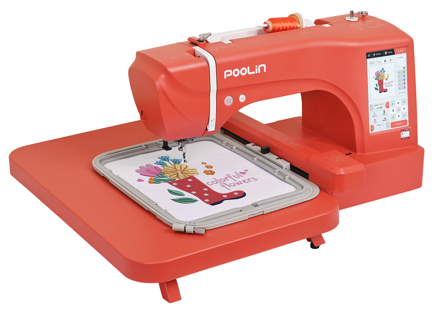 PooLin EOC 06 limited edition embroidery machine in red with an embroidery hoop attached containing an embroidered design of a red boot filled with flowers.