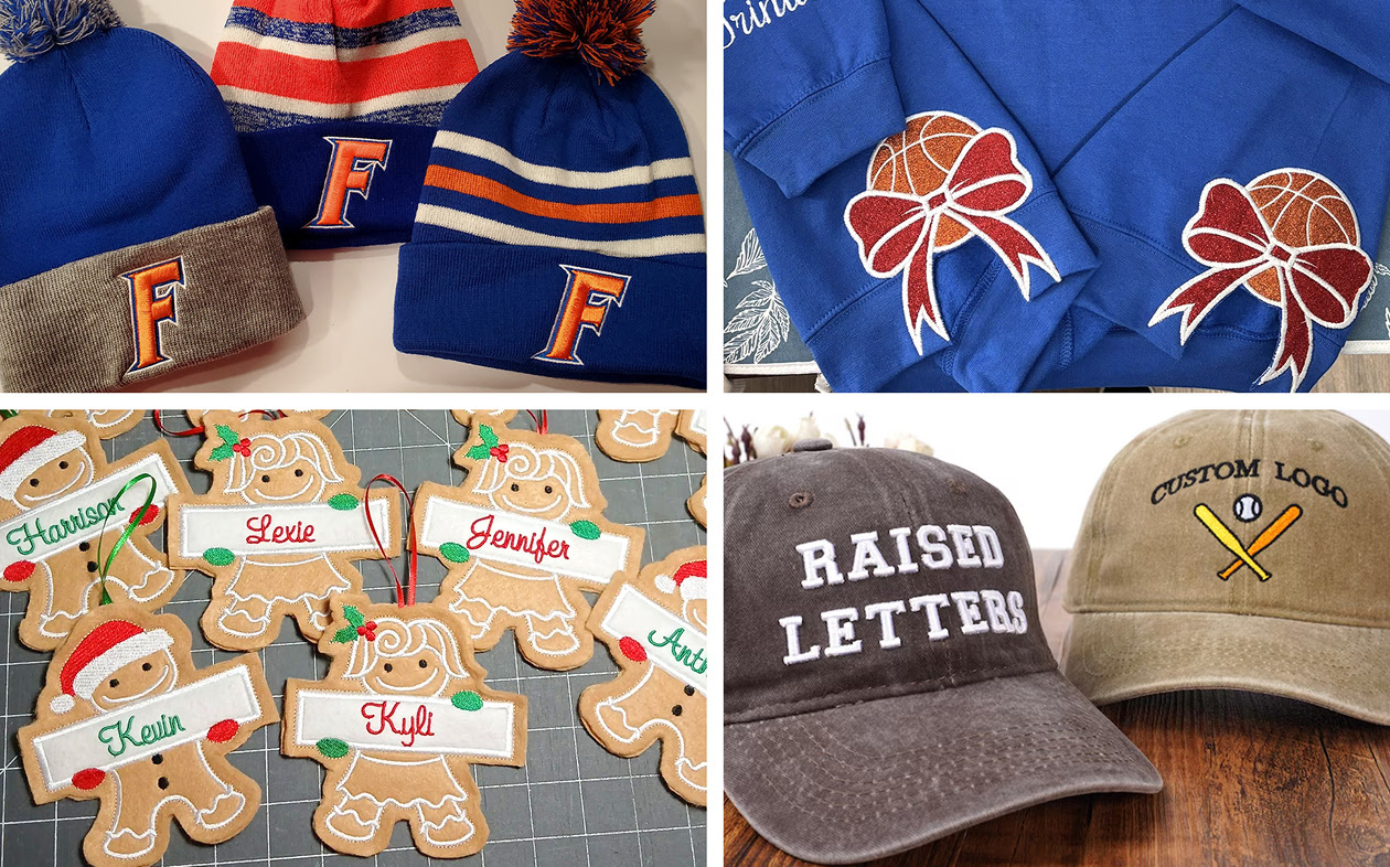 Several examples of embroidered products: beanies, hoodie, labels and caps