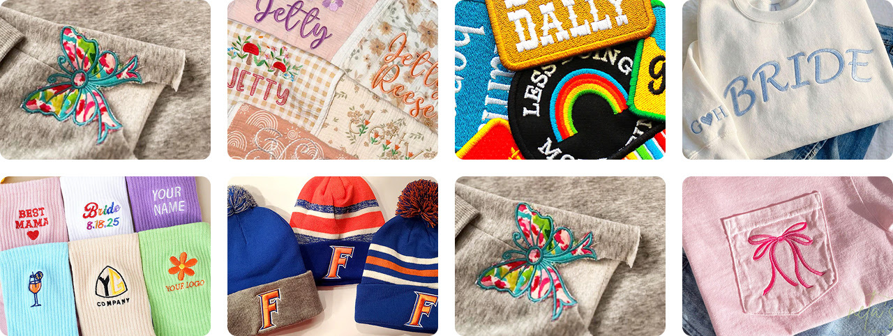 Embroidered hoodie, appliqué embroidery, embroidered patches, custom embroidered socks, embroidered beanies, creative clothing