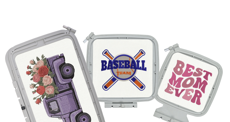 Three embroidery hoops going from large to small. The 20 x 28 cm hoop has a design of a truck with flowers, the 20 x 20 cm hoop has an embroidery design of a baseball, and the 14 x 14 cm hoop has the text Best Mom Ever.
