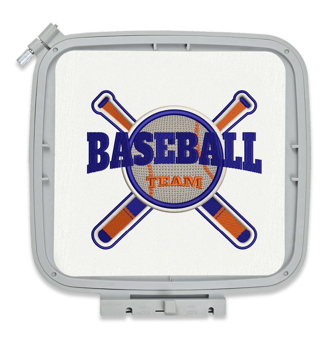 20 x 20 cm embroidery hoop with a design of a baseball and two baseball bats crossed behind it covered by the text Baseball Team.
