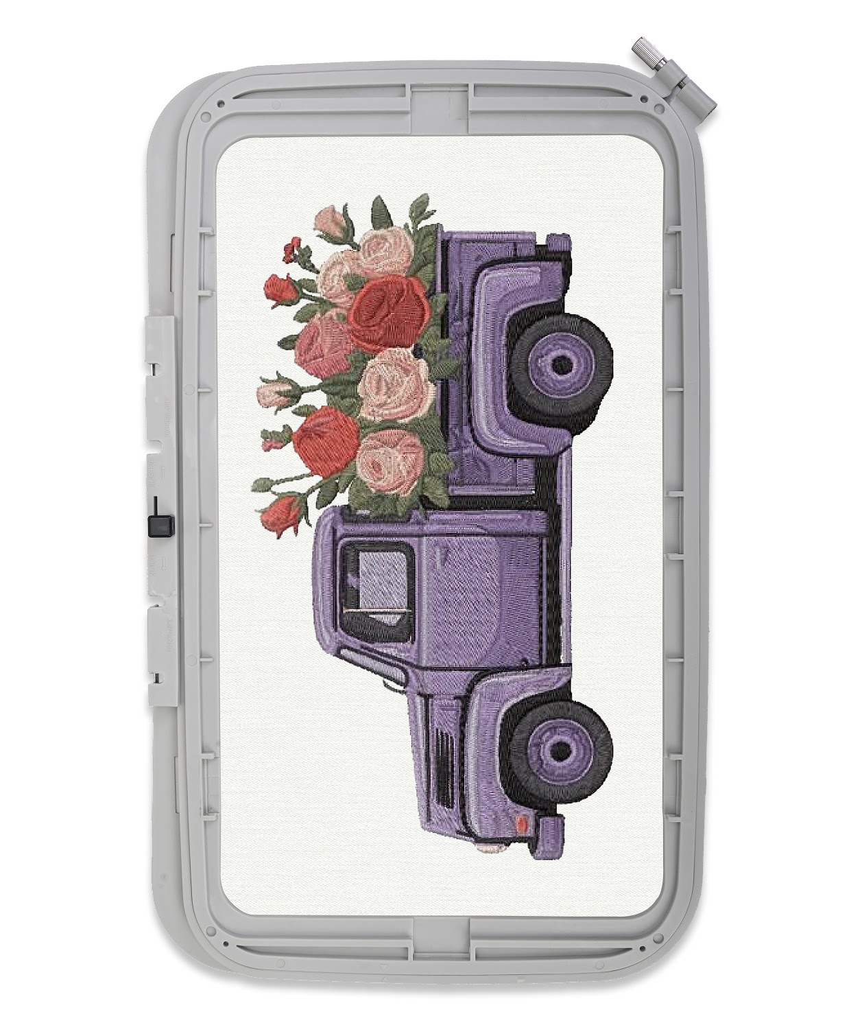 20 x 28 cm embroidery hoop with a design of a purple truck with pink flowers.