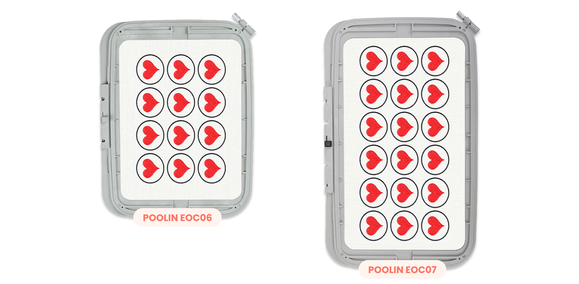 Side by side size comparison of the largest EOC06 and EO07 embroidery hoops. The hoop of the EOC07 is 10 cm taller and fits more designs all at once.