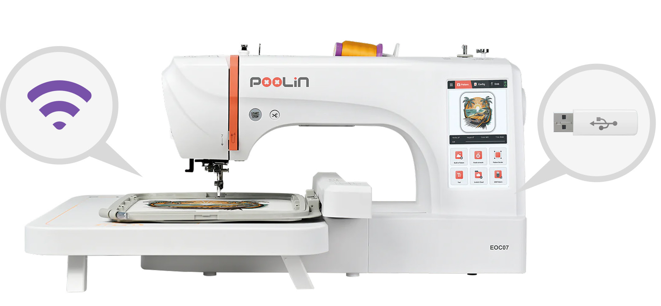 Frontal view of a PooLin EOC07 embroidery machine. On the left there a bubble as an icon for wireless connectivity and on the right a bubble holding a USB thumbdrive.