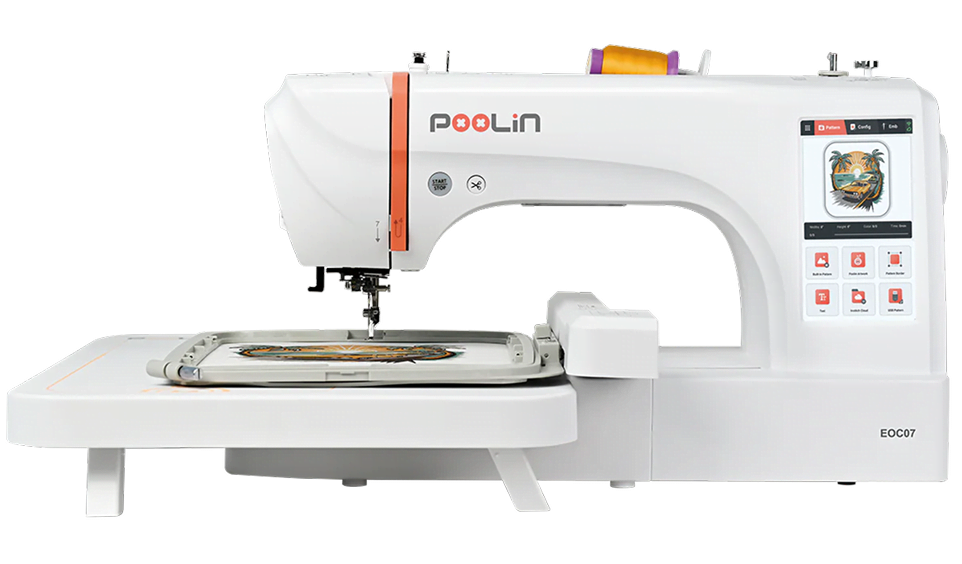 Frontal view of the PooLin EOC07 embroidery machine.