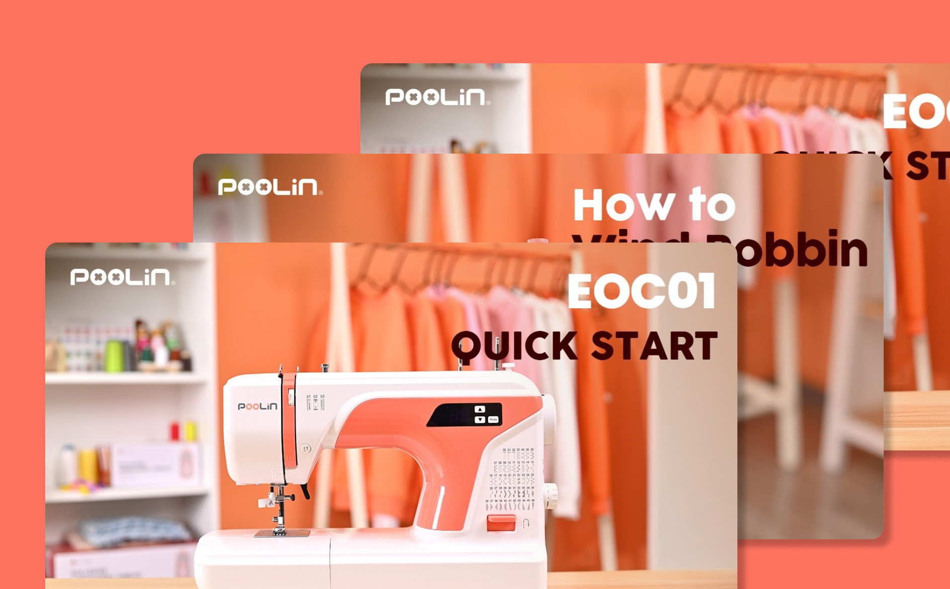 Three stacked video thumbnail previews for the PooLin EOC01 sewing machine tutorials, including the Quick Start guide.
