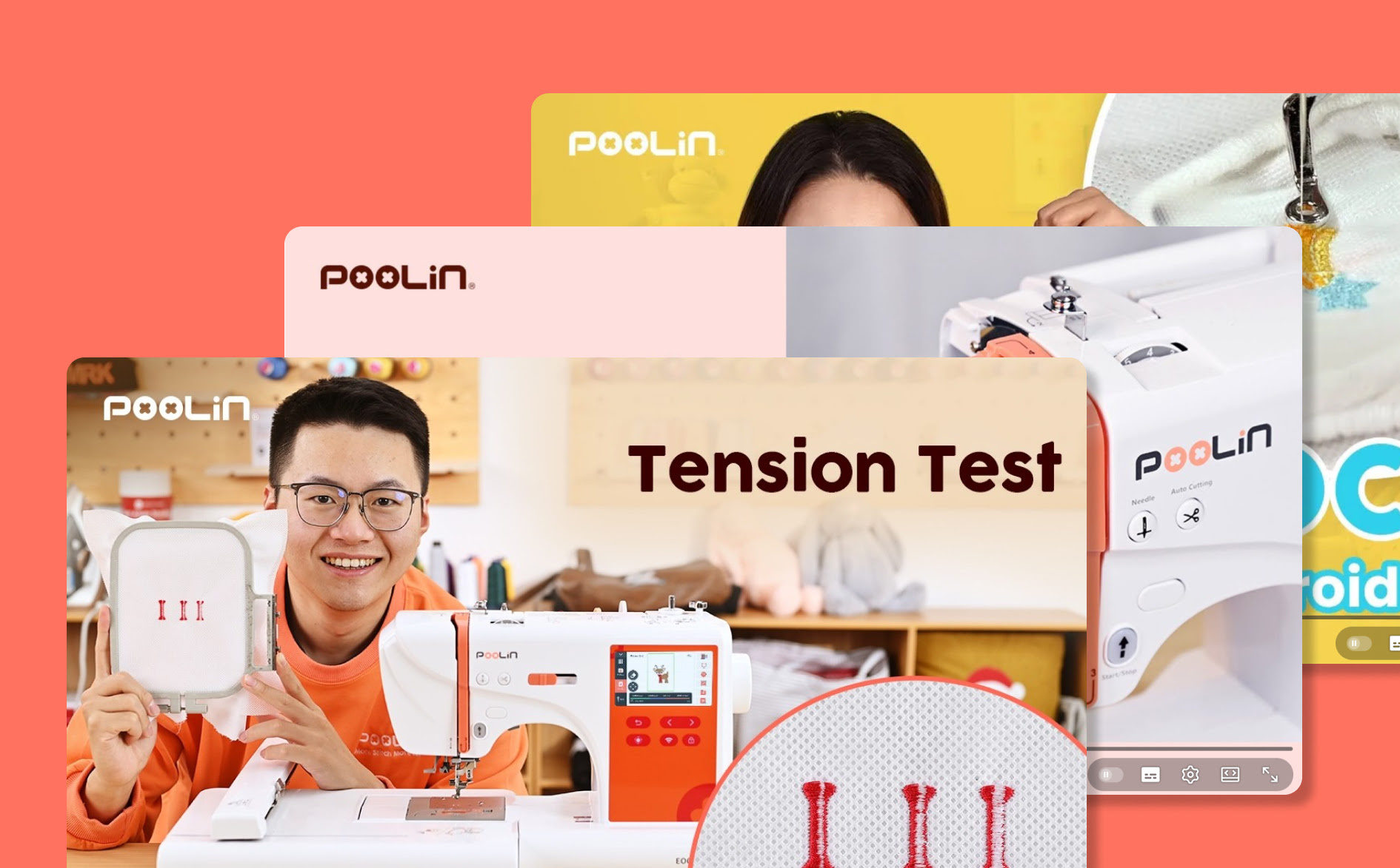 Three stacked video thumbnail previews for the PooLin EOC03 embroidery machine tutorials, highlighting a tension test guide.