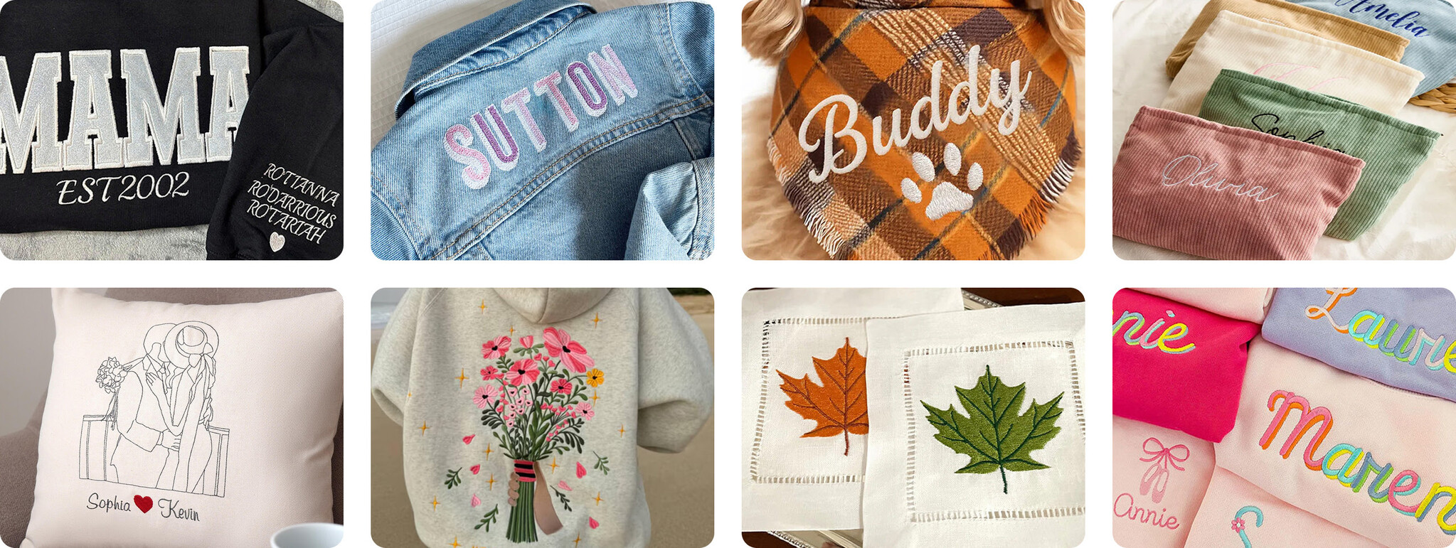 PooLin EOC07 embroidery project examples: personalised names on jackets and pouches, a custom dog bandana, line-art embroidery on pillows, and intricate floral patterns.
