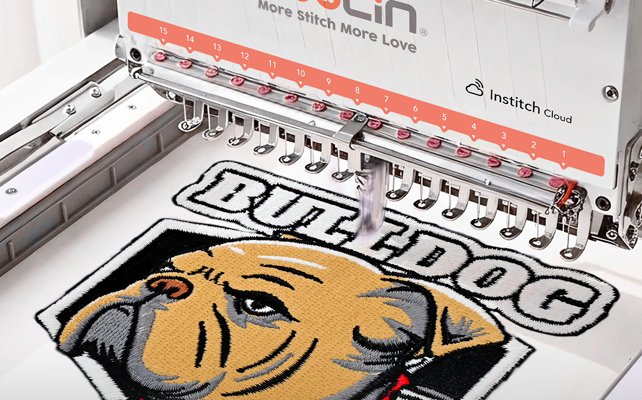 Embroidery hoop with an embroidered design of a bulldog logo