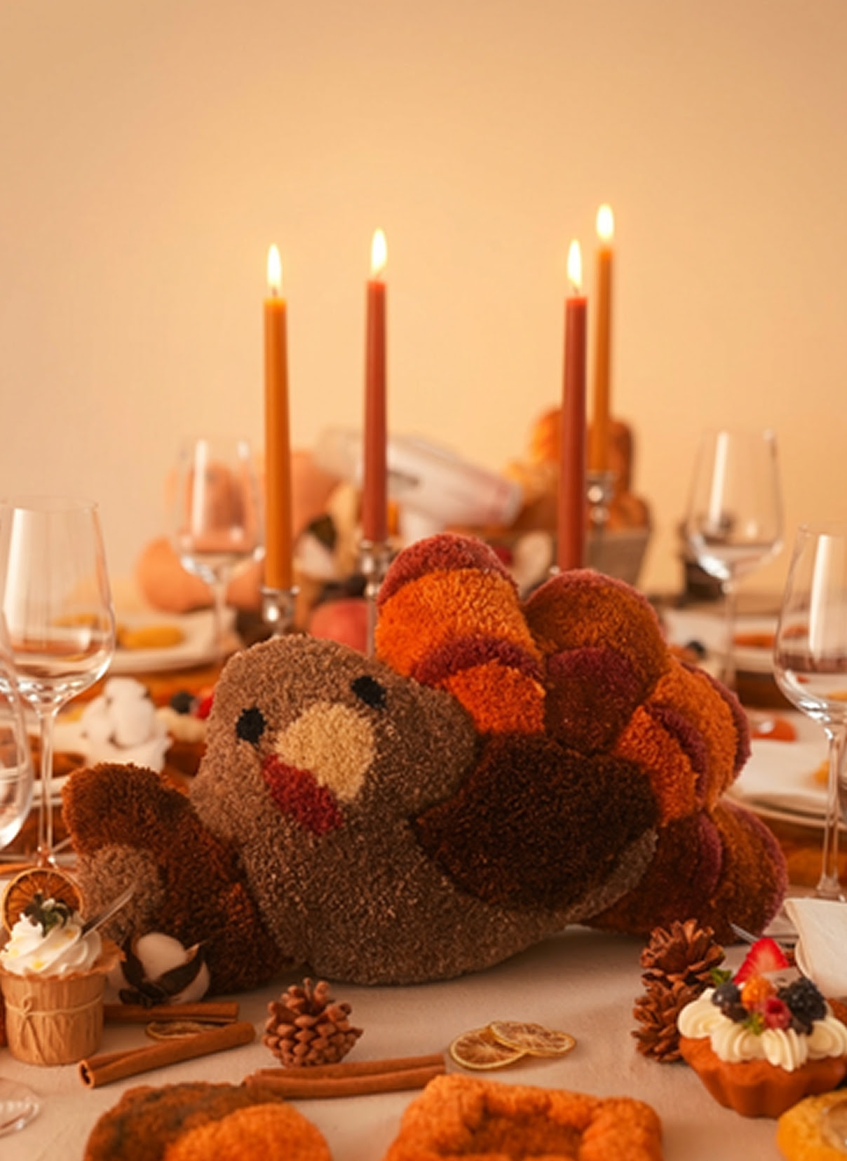 Thanksgiving table setting with a tufted turkey.