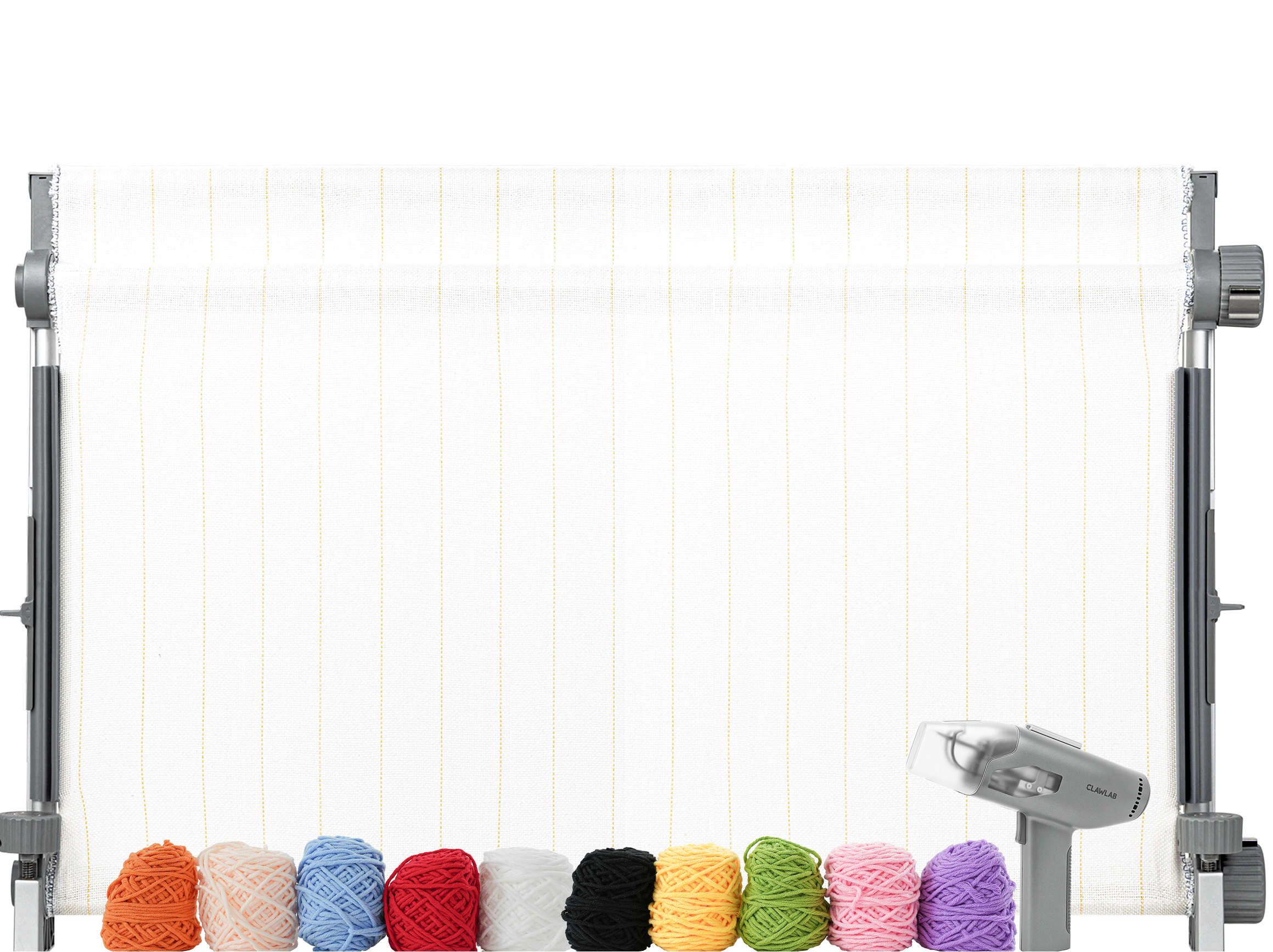 Clawlab Tufting Frame H1, Clawlab Tufting Gun H1 and balls of yarn in orange, nude, blue, red, white, black, yellow, green, pink, and purple.