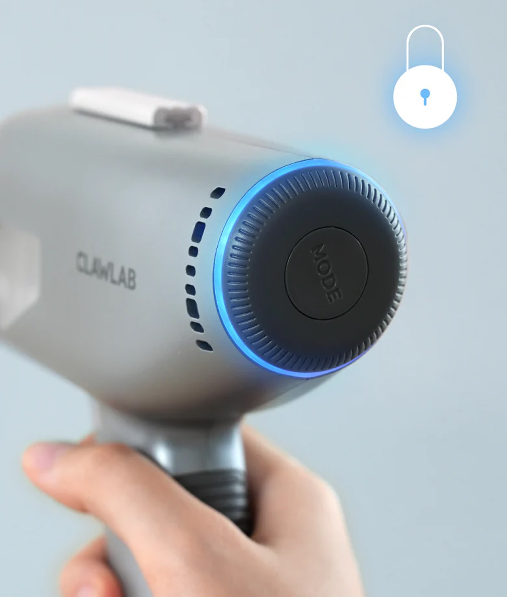 Close-up of Clawlab tufting gun back control dial featuring a illuminated blue LED ring.