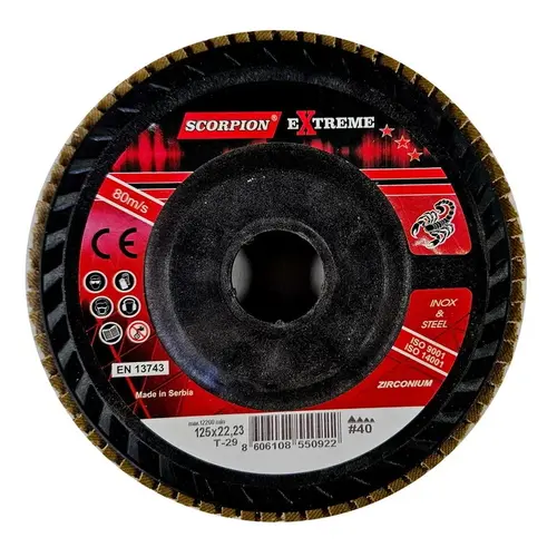 SCORPION ABRASIVE Extreme ZR – Fächerscheibe T29 – Konisch (doppelt) für alle Stahlsorten inklusive Edelstahl mit extrem hohem Abtrag und maximaler Standzeit