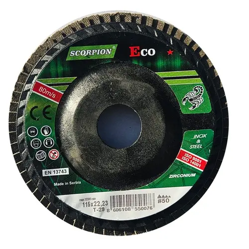 SCORPION ABRASIVE Standard ZR – Fächerscheibe T29 – konisch (einfach) für alle Stahlsorten inklusive Edelstahl
