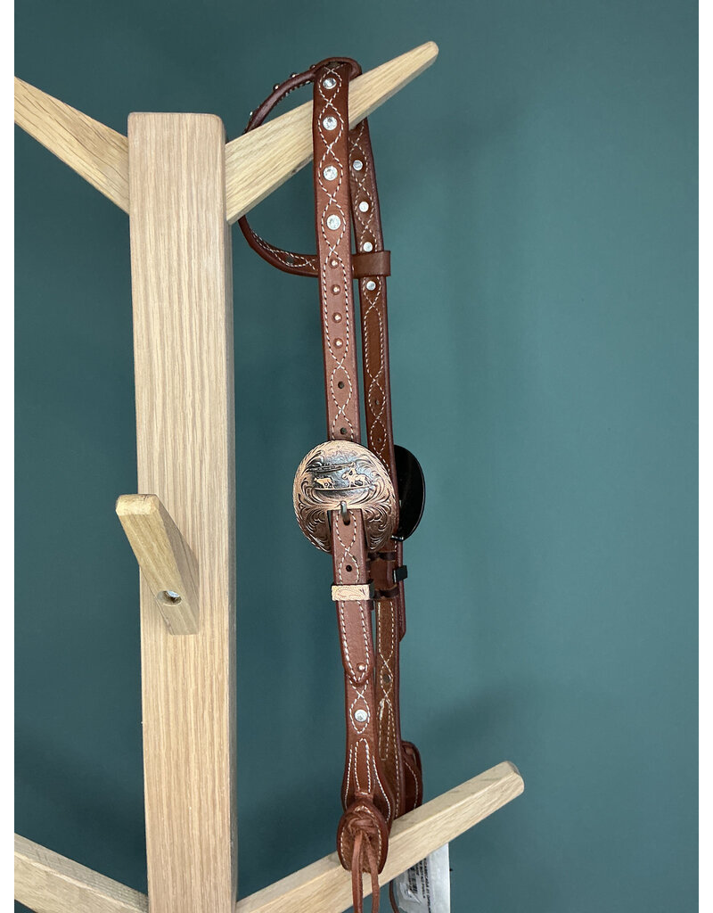 Bootshorse One ear headstall medium brown white studs roper concho