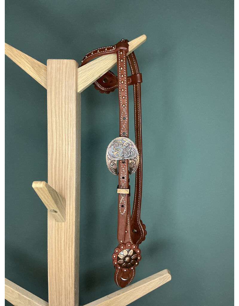 Bootshorse one ear headstall studs gold flower concho medium brown