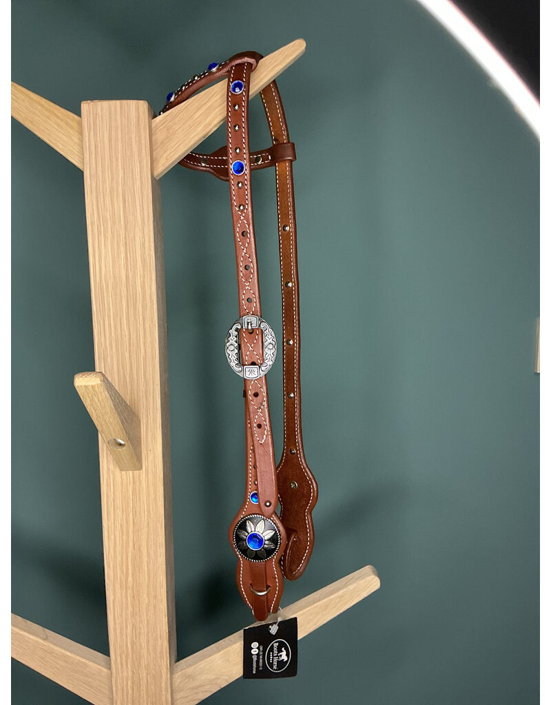 Bootshorse one ear headstall studs royal blue studs gold medium brown
