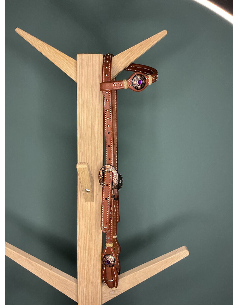 Bootshorse one ear headstall purple gold studs medium brown rawhide