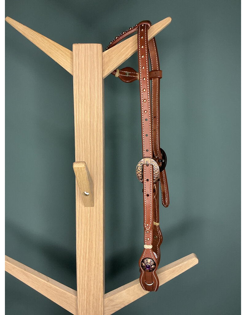 Bootshorse one ear headstall purple gold studs medium brown rawhide