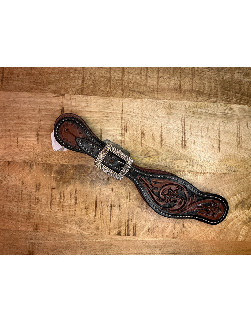 Twisted C spurr straps black/dark brown flower tooling