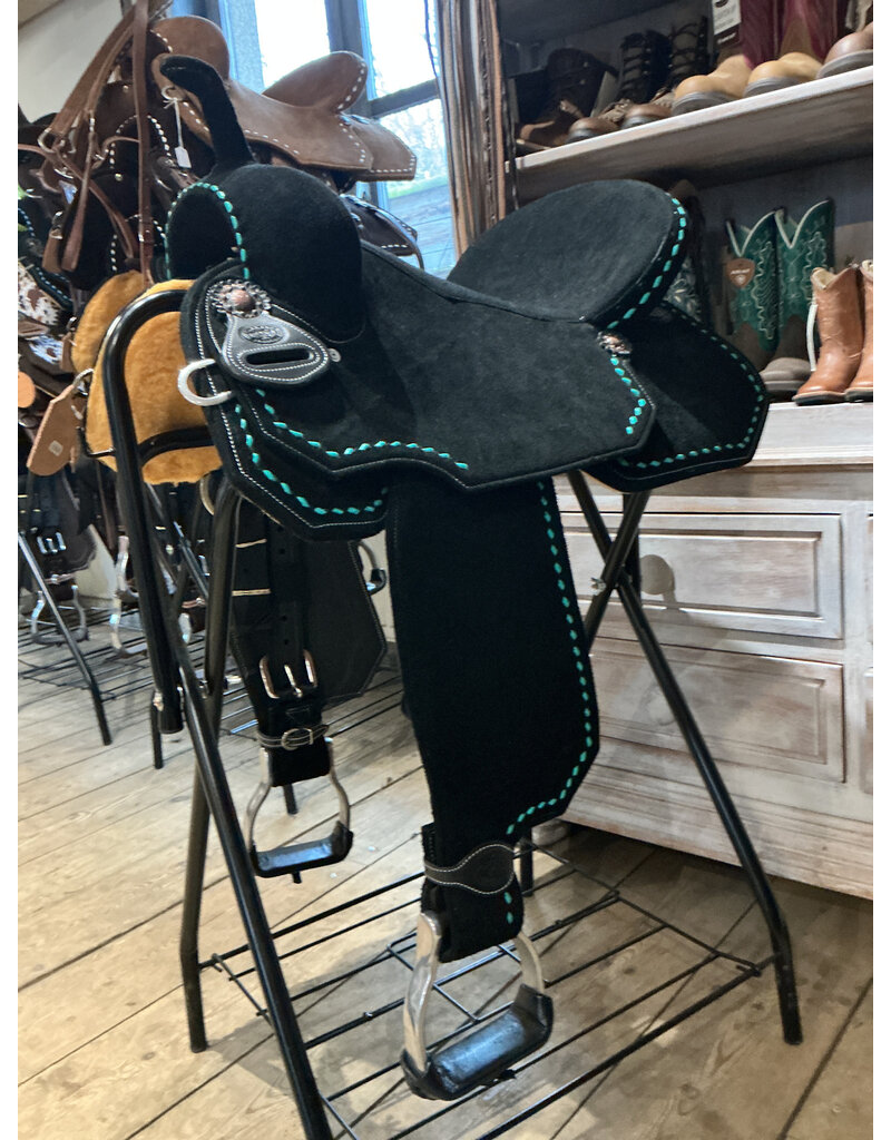 Tomahawk Barrel Saddle Light Weight Tomahawk 15 Inch Black Woth Teal Stitching Fleece Inlay