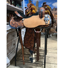 Twisted C Barrel Saddle Twisted C 15 Inch Full Quarter Flower Tooled with Black Seat