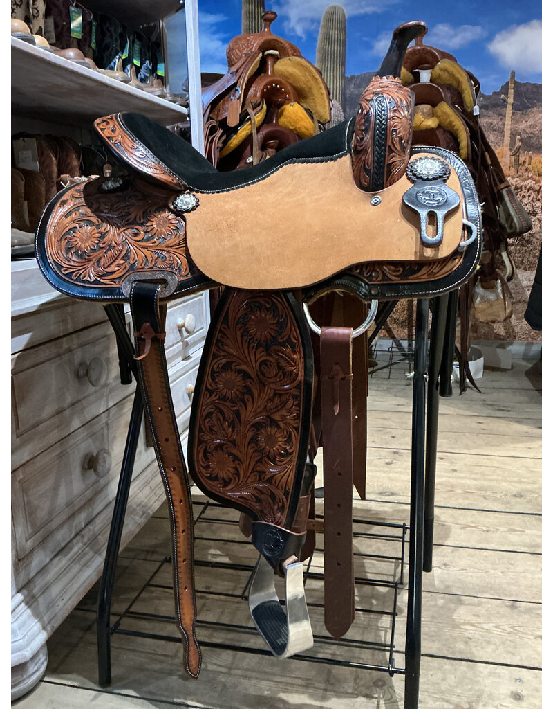 Twisted C Barrel Saddle Twisted C 15 Inch Full Quarter Flower Tooled with Black Seat