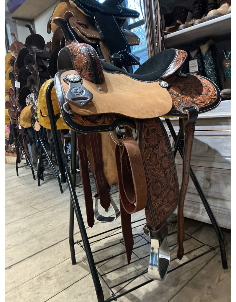 Twisted C Barrel Saddle Twisted C 15 Inch Full Quarter Flower Tooled with Black Seat