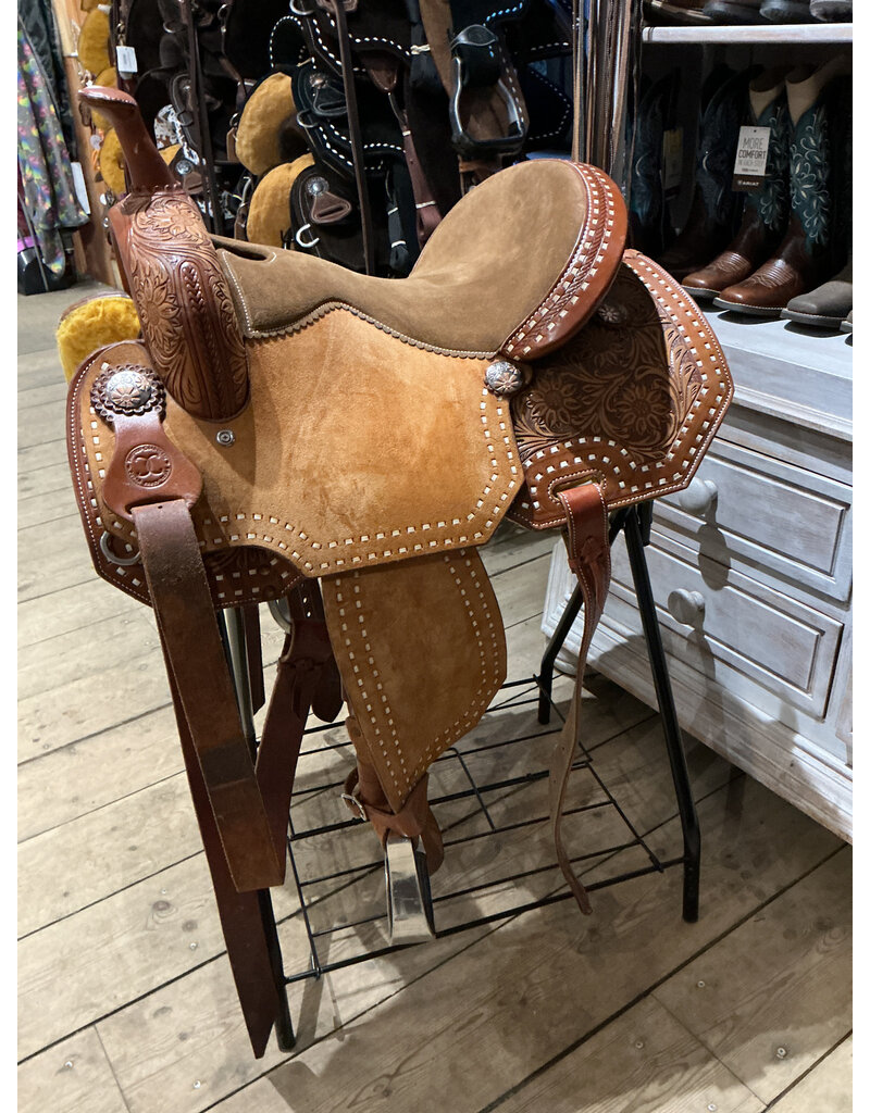 Twisted C Barrel Saddle Twisted C 15 Inch Full Quarter Flower Tooling And White Stitches